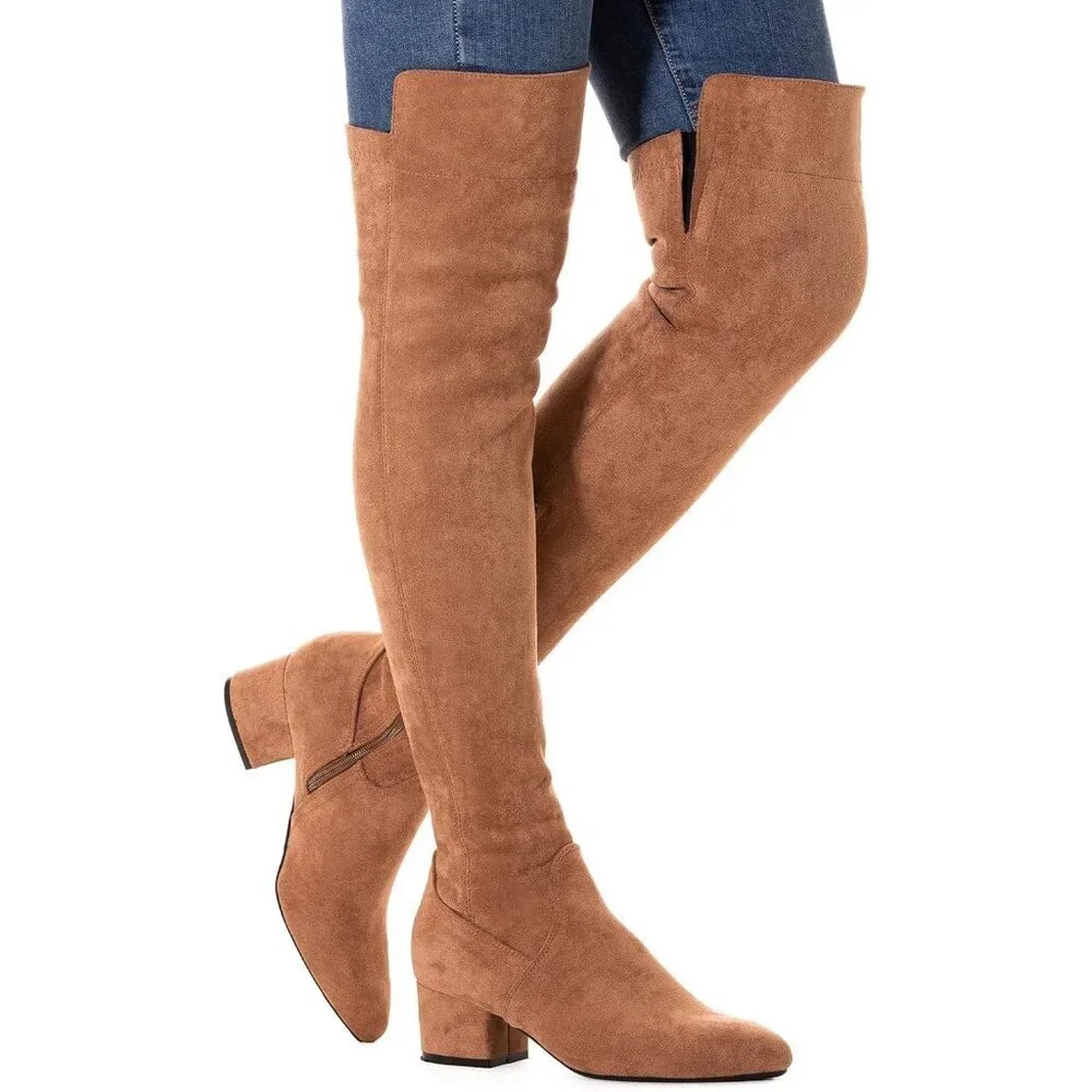 Women Brown\2 Ihch Suede Over the Knee Thigh High Chunky Block Heel Boots